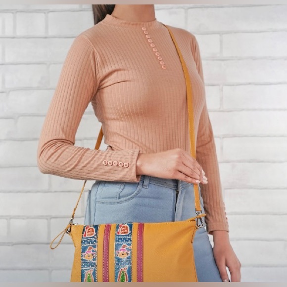 Mustard Handpainted Genuine Pebbled Leather Wristlet Clutch - Picture 5 of 14